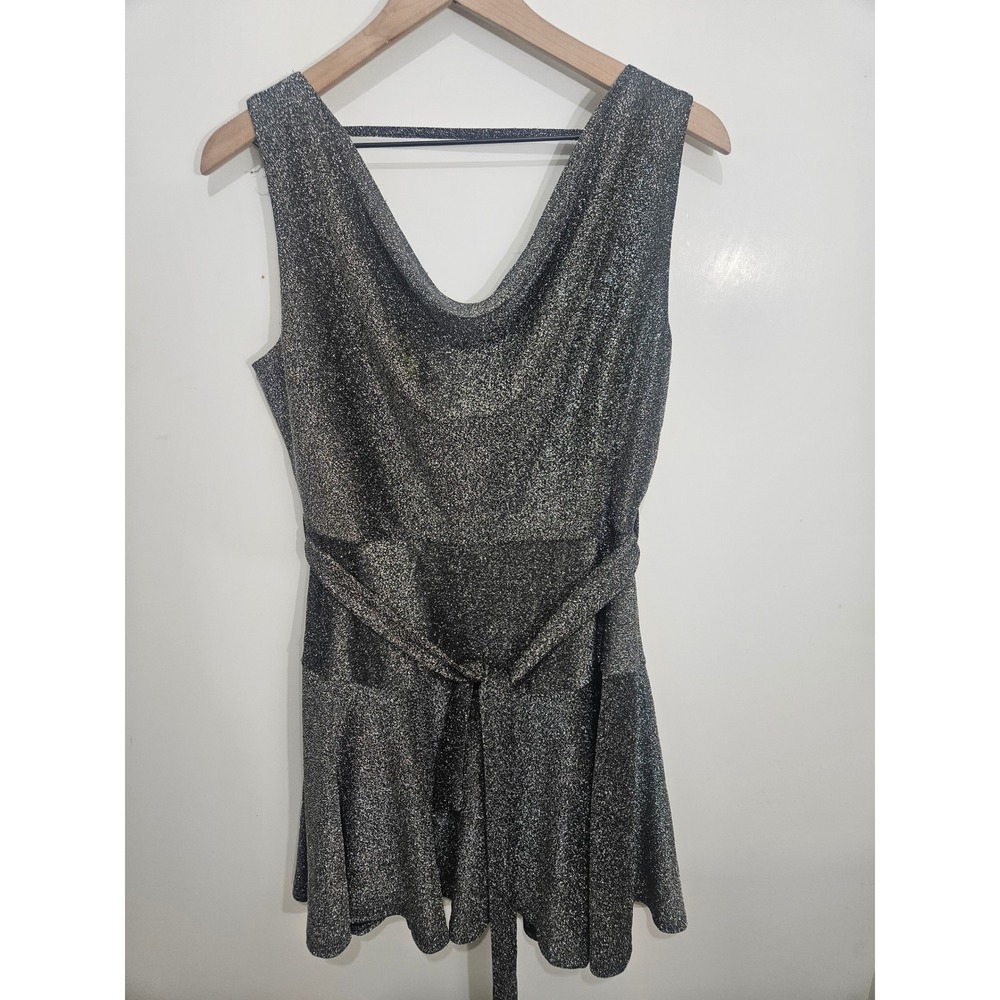 She + Sky Metallic Silver Glitter Cowl Neck Tie Waist Mini Dress Large